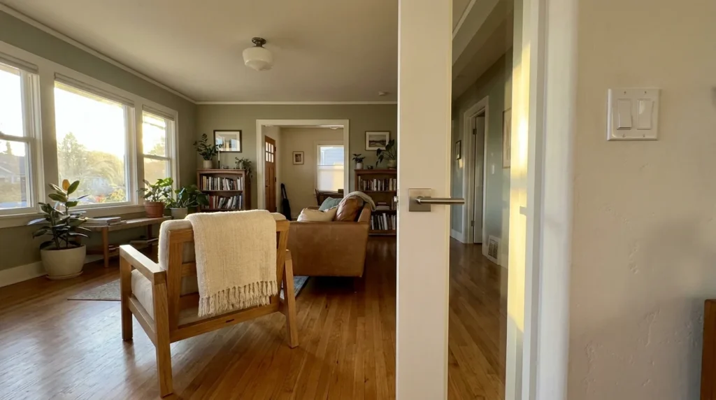 A warm, sunlit living room with wide doorways and accessible lever handles, illustrating a home prepared for aging in place.