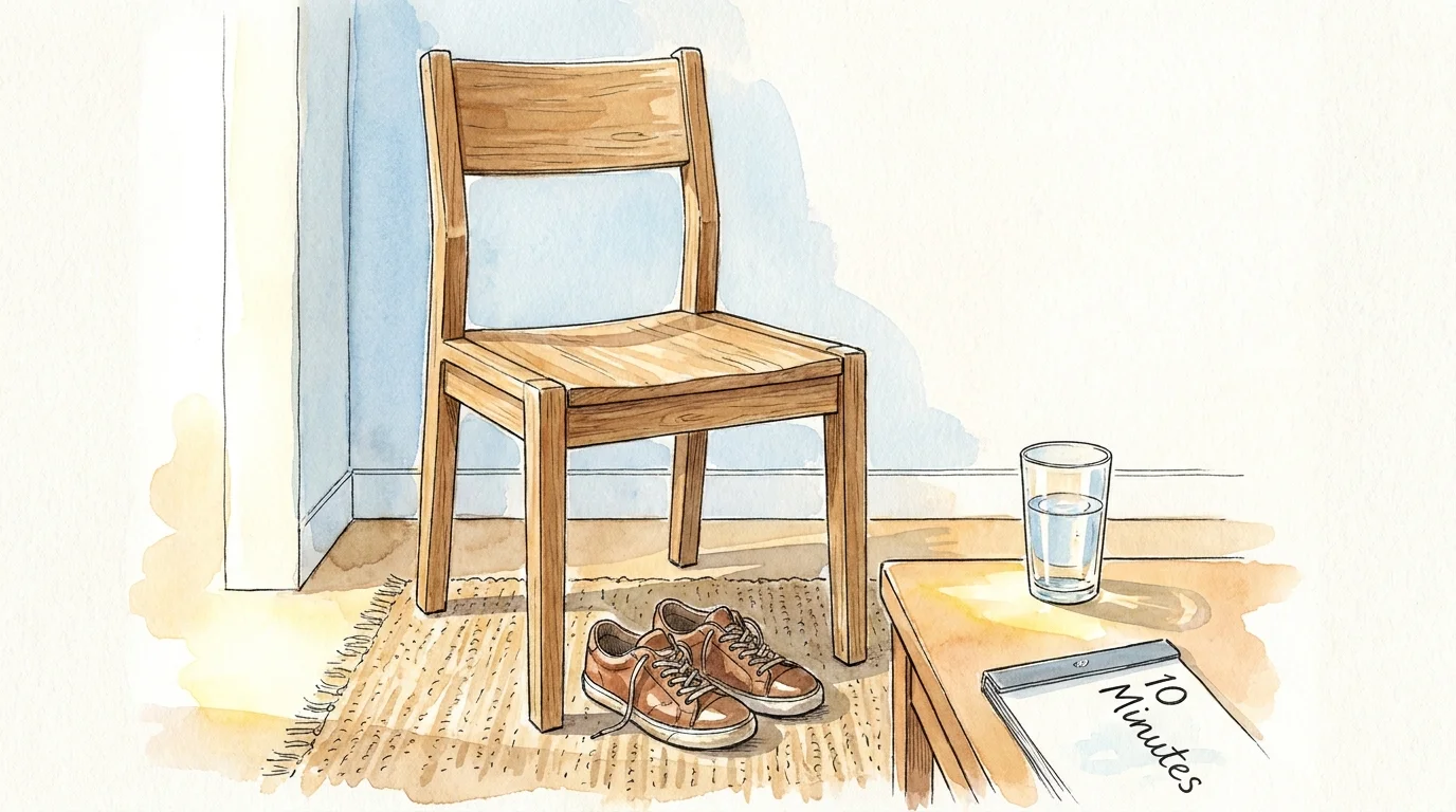 A warm watercolor illustration of a chair and sneakers in a sunlit room, prepared for a morning stretching routine.