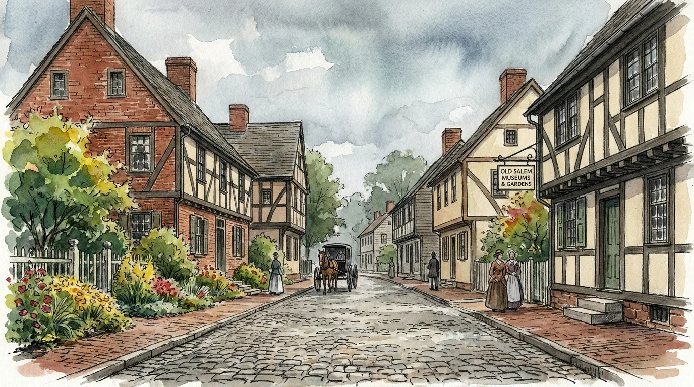 A watercolor and charcoal sketch of the historic cobblestone streets and Moravian houses in Old Salem.
