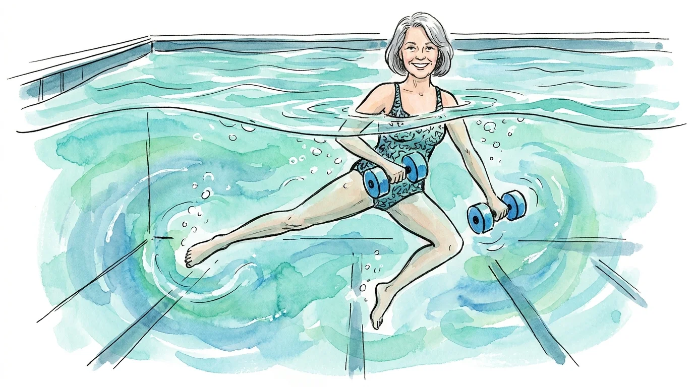 A watercolor cross-section of a pool showing an older woman performing water aerobics with foam weights.