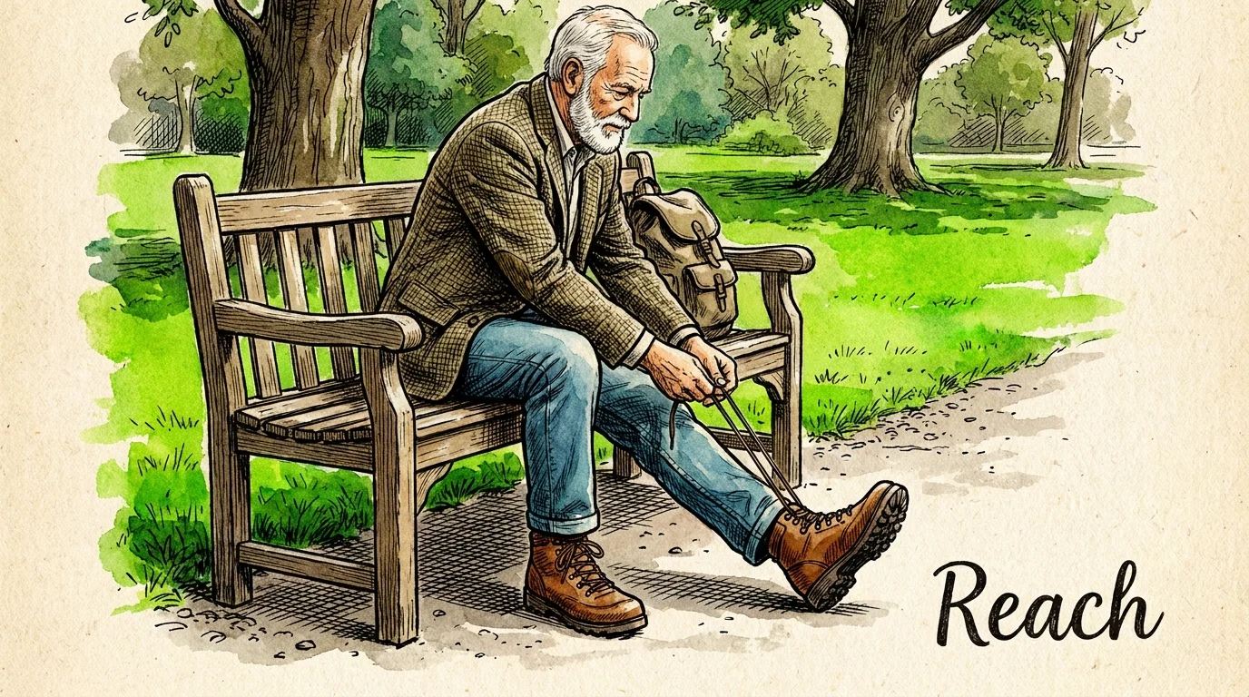 A watercolor drawing of a man leaning forward to tie his boots on a park bench, demonstrating hamstring flexibility.