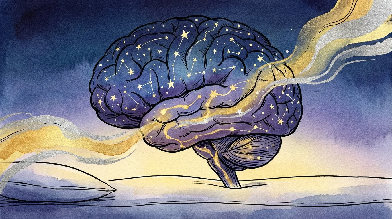 A watercolor illustration of a brain represented as a night sky, peacefully recharging during sleep.