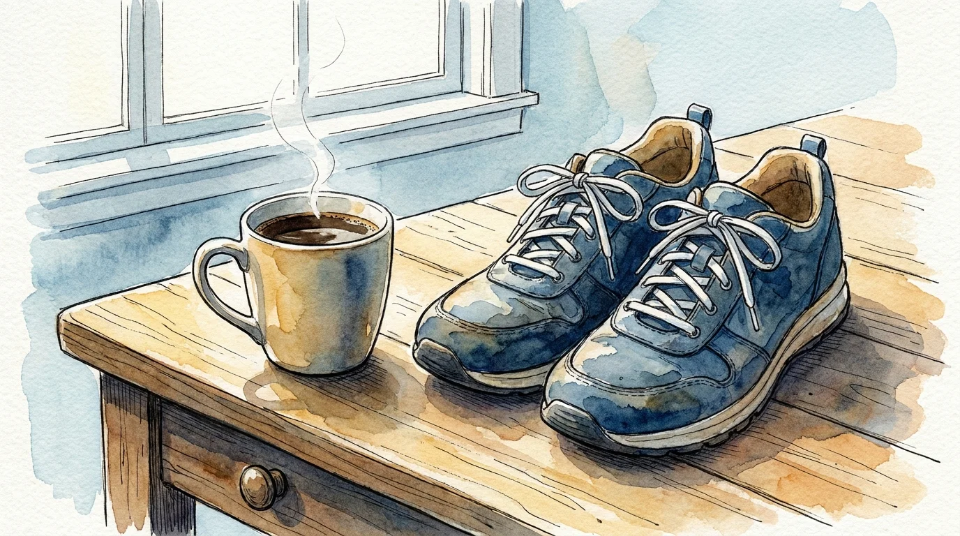 A watercolor illustration of a coffee mug next to walking shoes on a kitchen table, representing the habit-stacking technique.