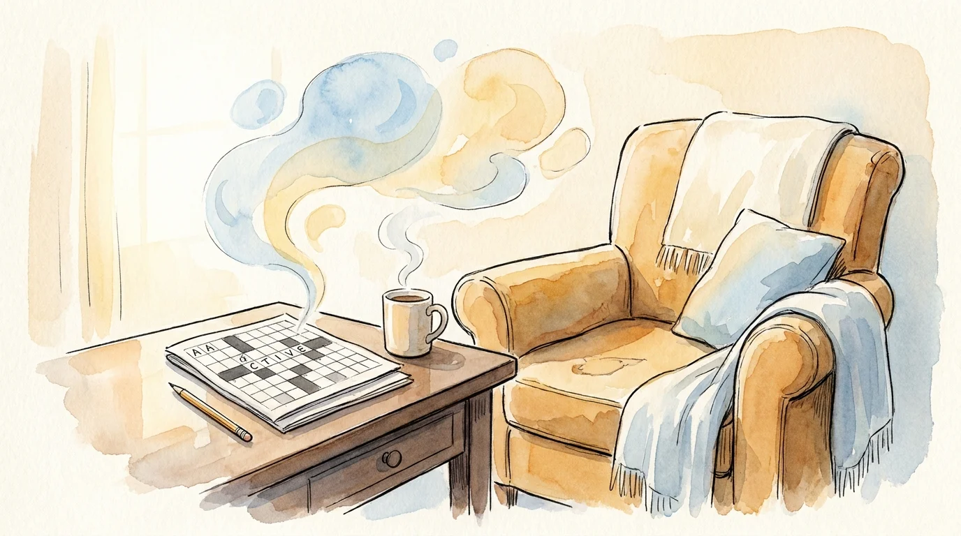 A watercolor illustration of a crossword puzzle and tea on a side table, symbolizing morning mental stimulation.