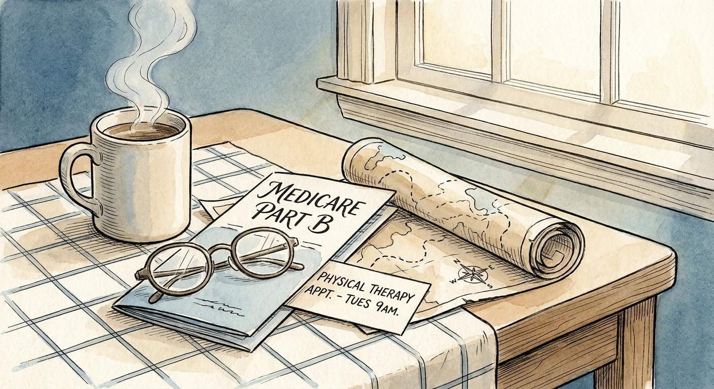 A watercolor illustration of a Medicare brochure and a physical therapy appointment card on a kitchen table.