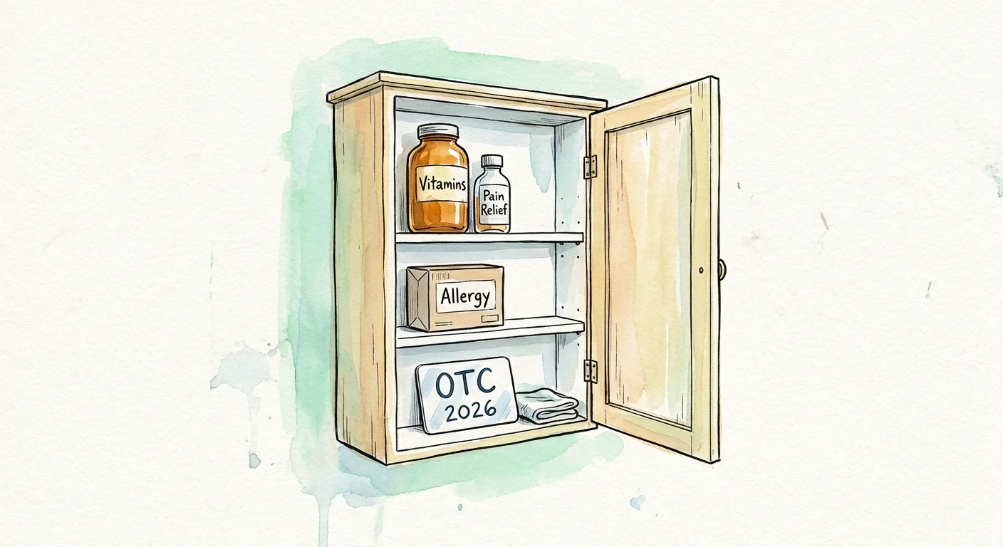 A watercolor illustration of a medicine cabinet containing vitamins and a card labeled OTC 2026.