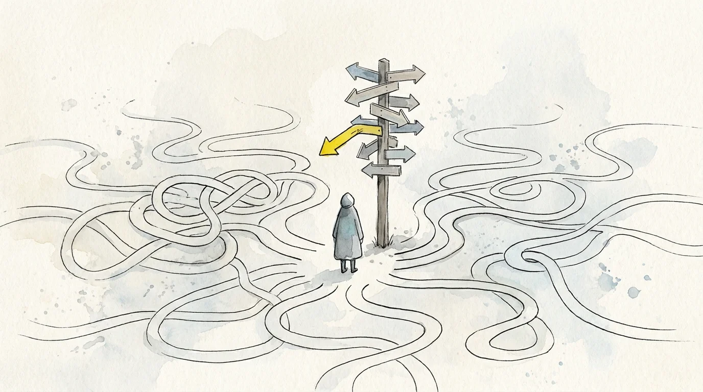 A watercolor illustration of a person at a crossroads with many signposts, representing the overwhelm of choosing social clubs.