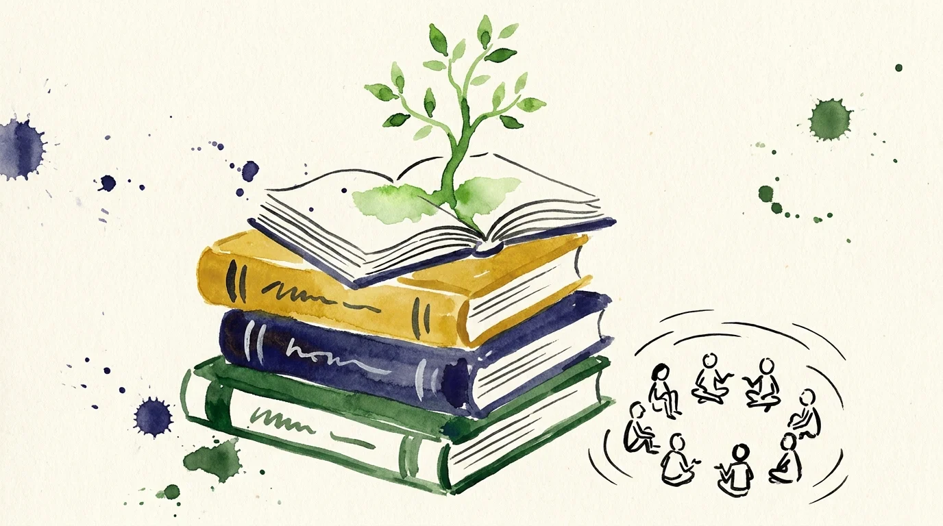 A watercolor illustration of a sapling growing from a stack of books with small figures sitting together, representing learning.