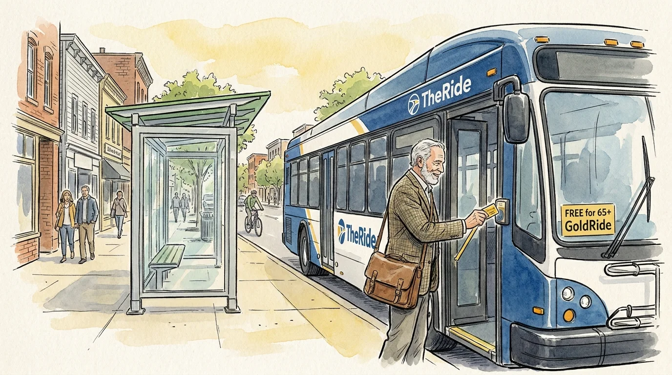 A watercolor illustration of a senior using a 'GoldRide' pass to board a free city bus in Ann Arbor, Michigan.