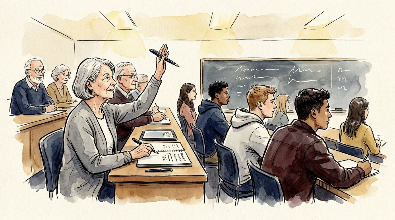 A watercolor illustration of a senior woman participating in a college lecture alongside young students.