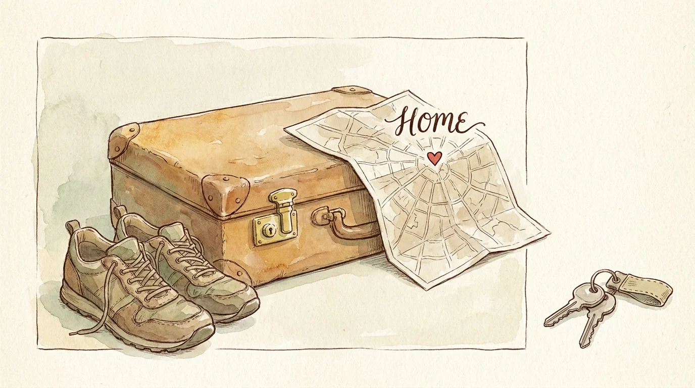A watercolor illustration of a suitcase, walking shoes, and a map, symbolizing the transition to a car-free retirement.