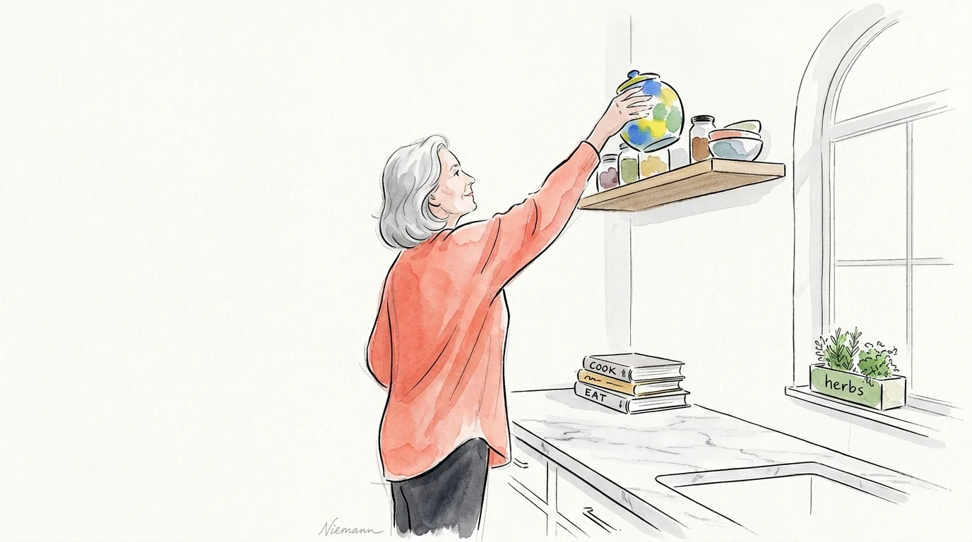 A watercolor illustration of a woman reaching easily for a high kitchen shelf, showing the benefit of shoulder flexibility.
