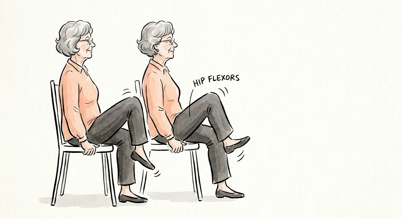 A watercolor illustration of a woman seated in a chair, lifting one knee in a marching motion.