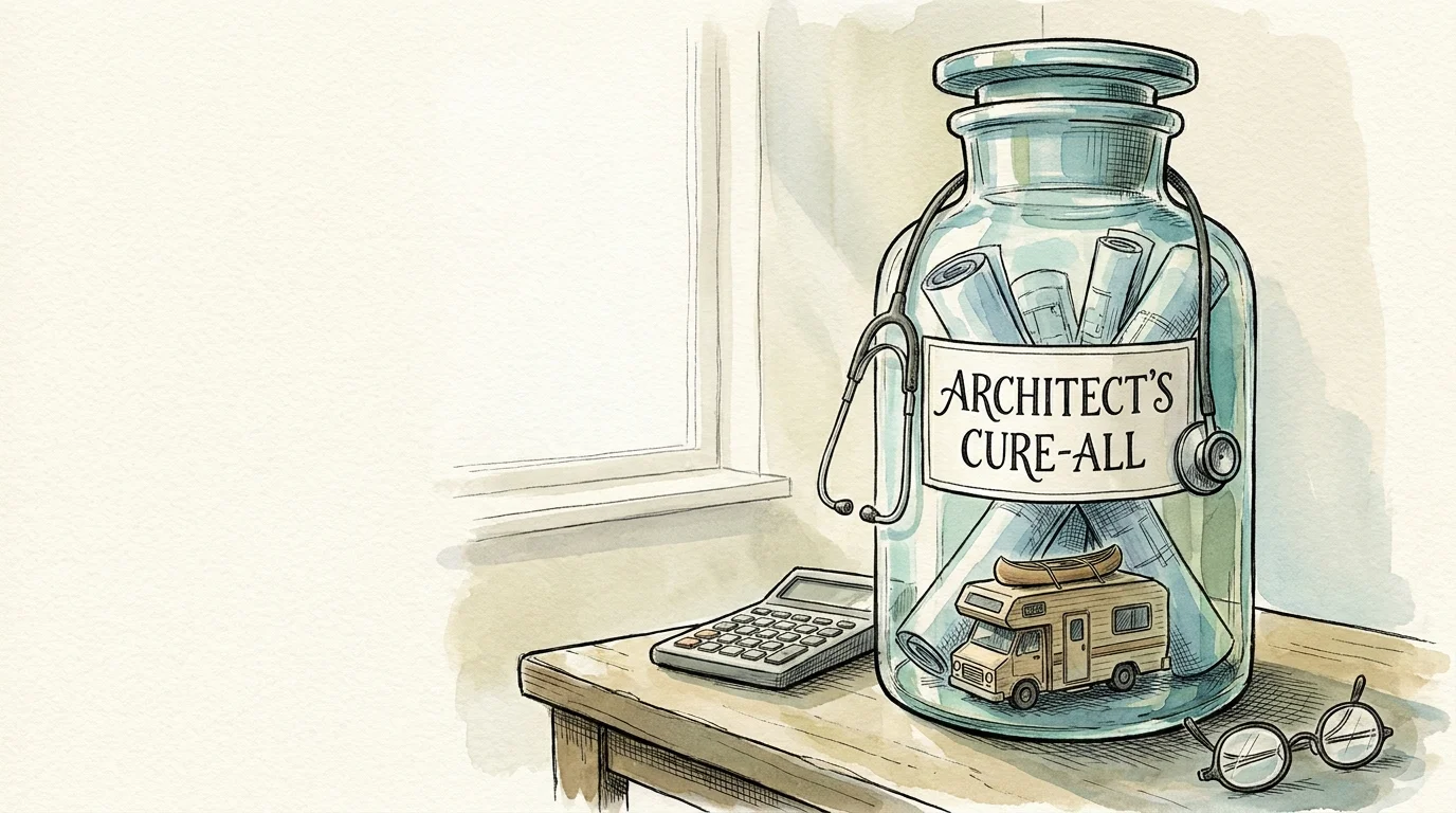 A watercolor illustration of an apothecary jar filled with house plans and an RV, with a stethoscope draped over it.