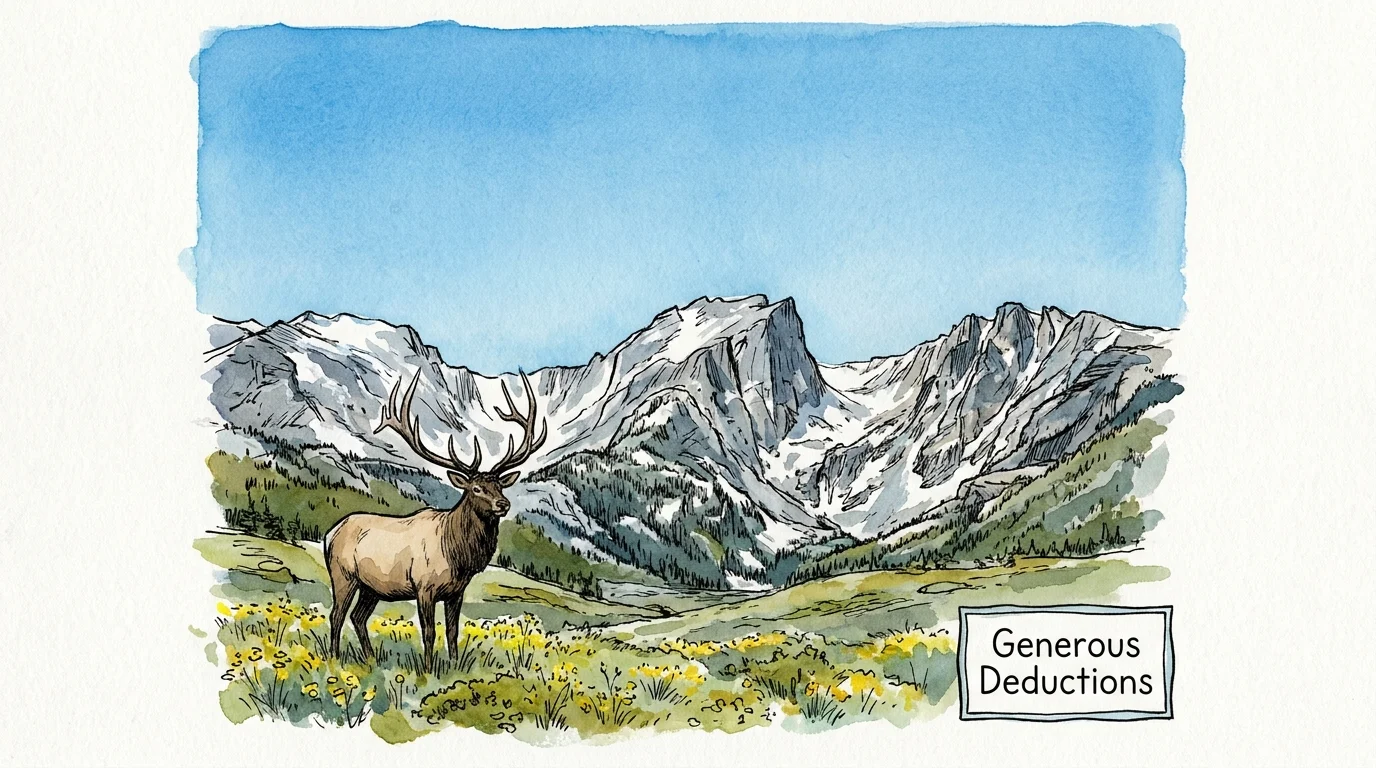 A watercolor illustration of an elk in a meadow with the Rocky Mountains of Estes Park in the background.
