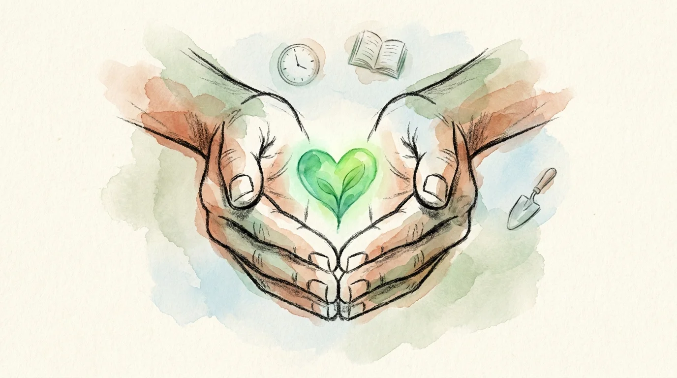 A watercolor illustration of two hands cradling a seedling, symbolizing the growth and impact of volunteer work.