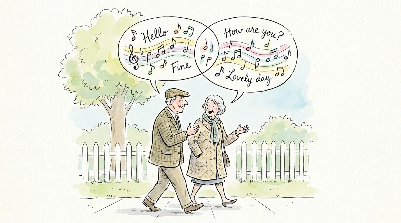 A watercolor illustration of two seniors talking while walking, with speech bubbles representing the 'talk test'.