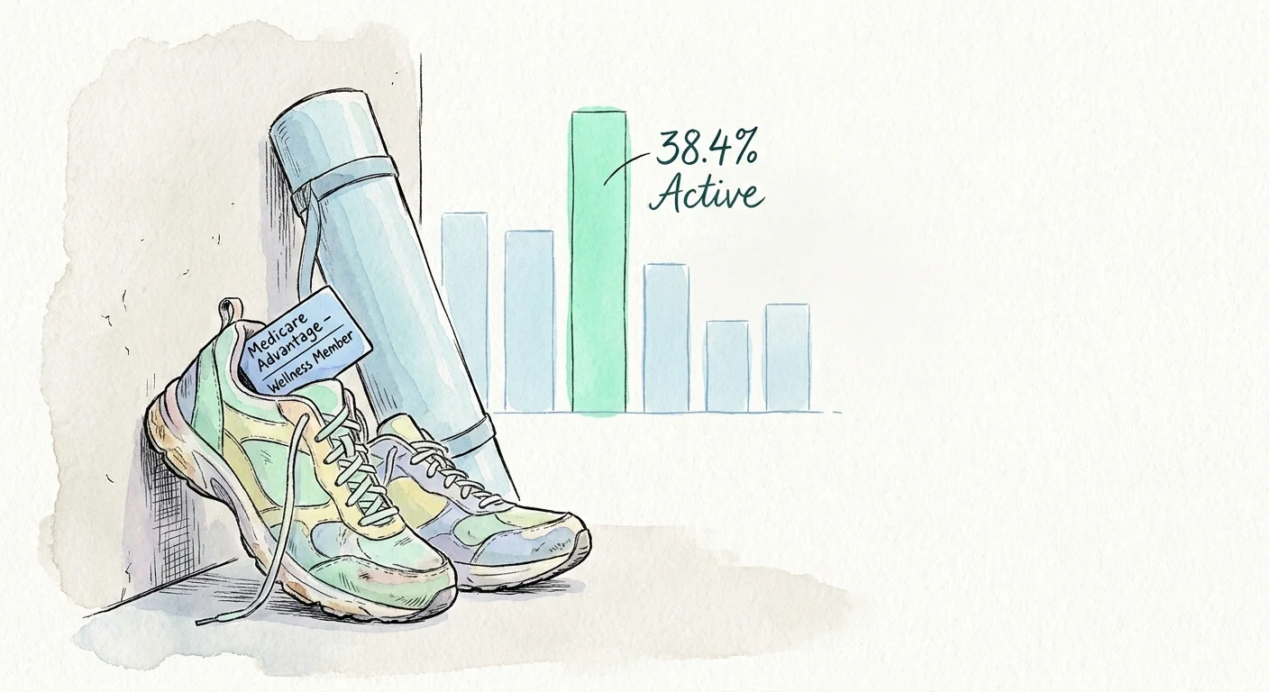 A watercolor illustration of walking shoes and a Medicare Advantage card, referencing the 38.4% of active seniors.