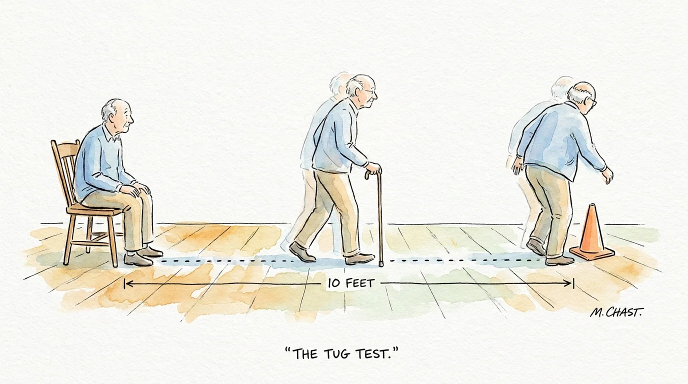 A watercolor illustration showing the path of the Timed Up and Go test from a chair to a 10-foot marker and back.