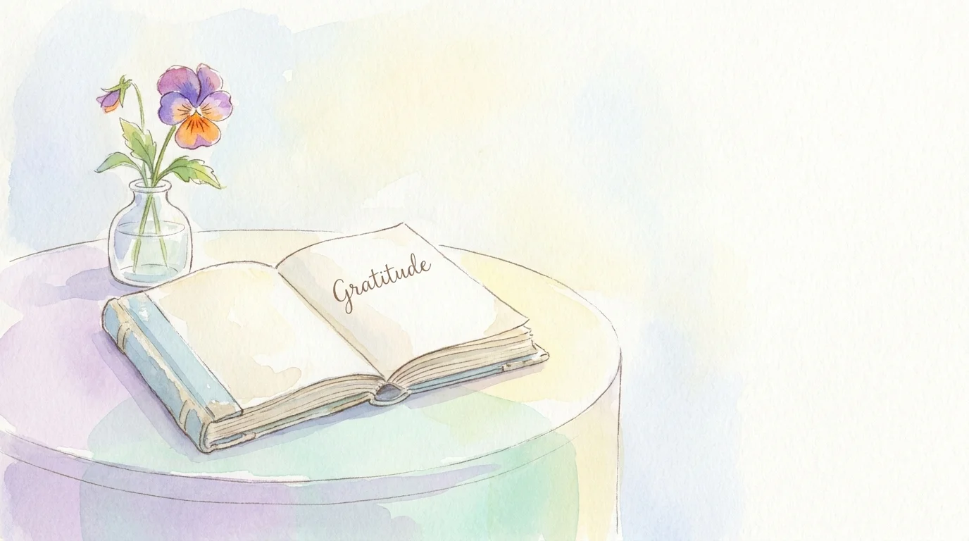 A watercolor painting of a journal with the word 'Gratitude' and a single flower in a vase.