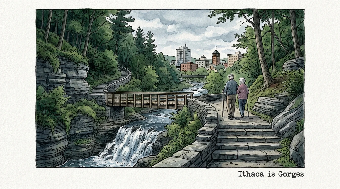A watercolor painting of a senior couple walking on a stone path near a waterfall in Ithaca, New York.