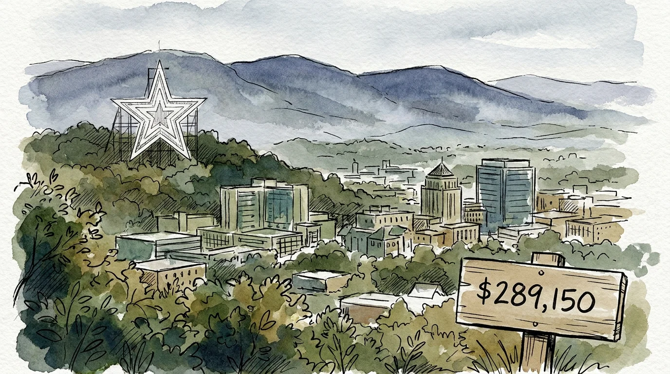 A watercolor painting of the Roanoke Star overlooking a misty mountain valley with a sign showing the median home price.