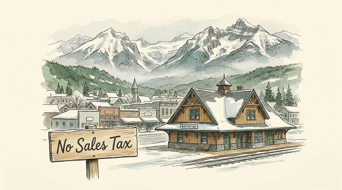 A watercolor painting of Whitefish, Montana, showing the alpine town and mountains with a 'No Sales Tax' sign.