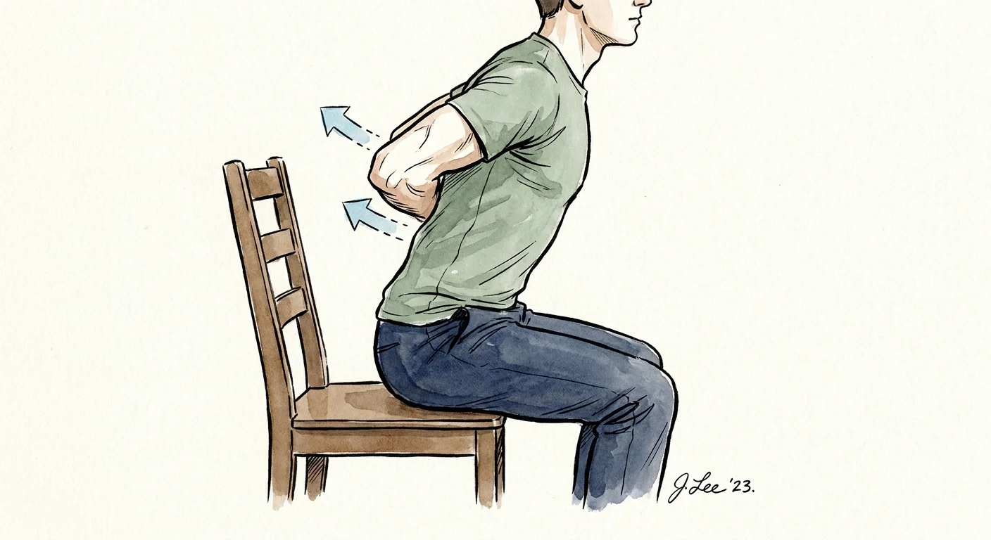 A watercolor sketch of a person performing a seated row exercise, pulling their elbows back to strengthen the upper back.