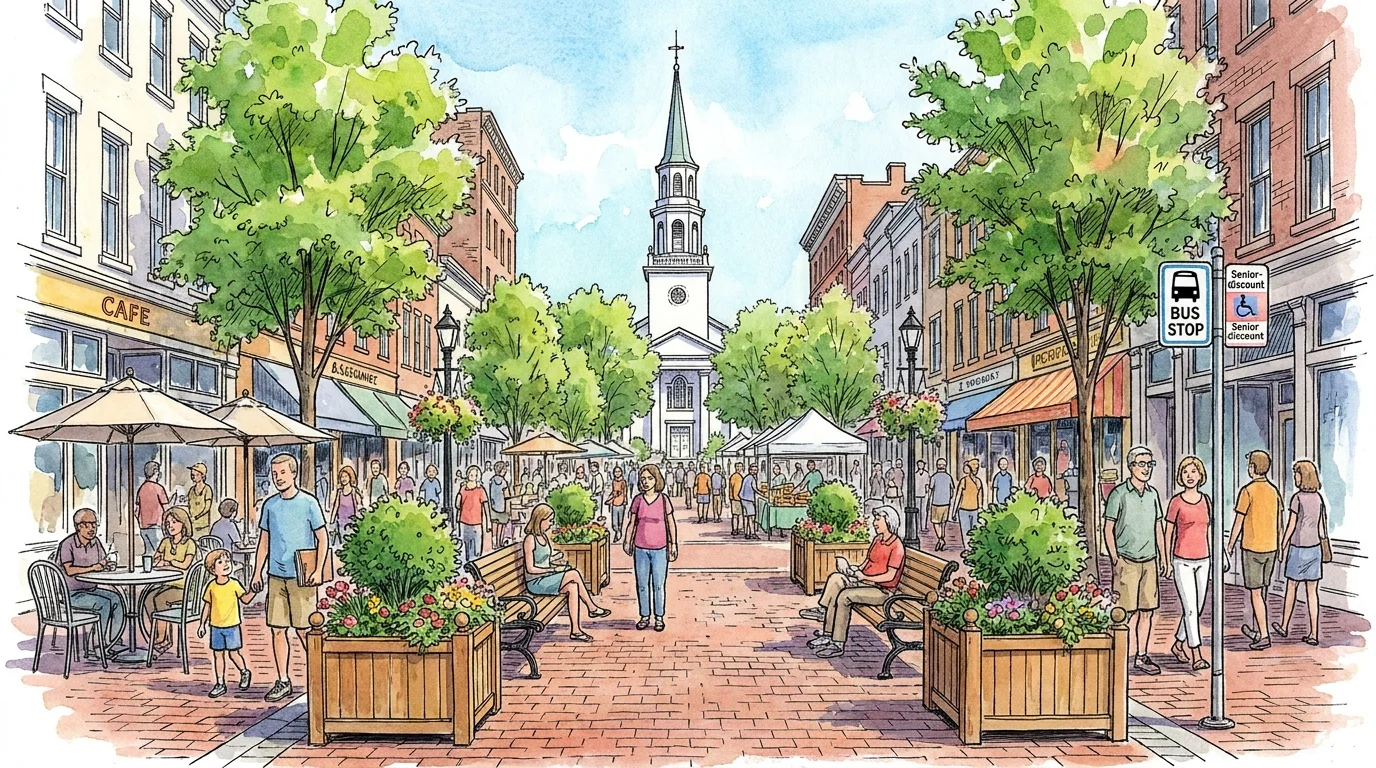 A watercolor sketch of the Church Street Marketplace in Burlington, Vermont, showing a busy car-free shopping street.