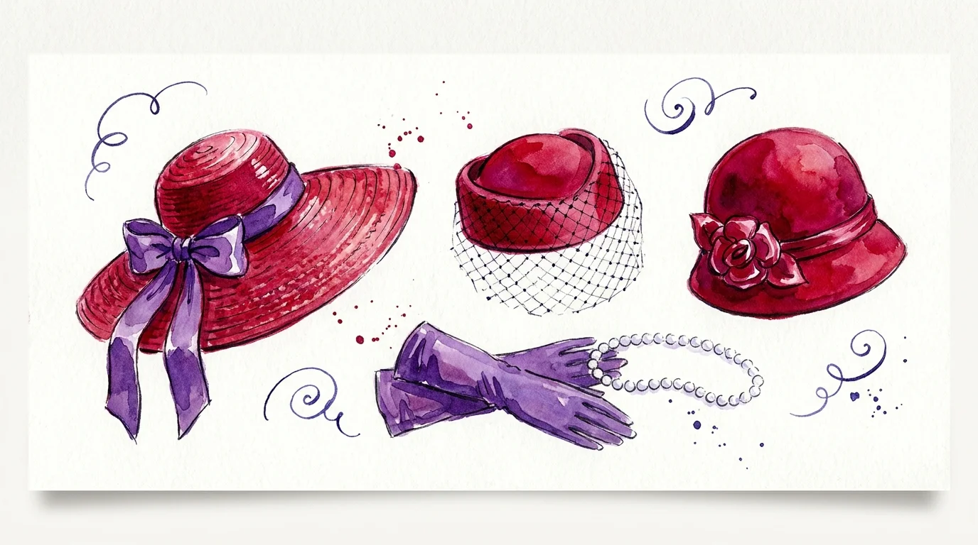 A whimsical watercolor illustration of three different red hats and purple gloves, representing the Red Hat Society.