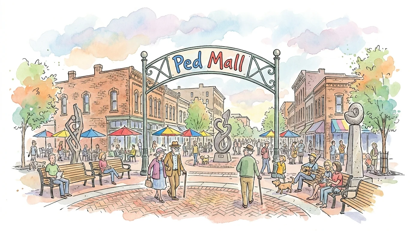 A whimsical watercolor sketch of the Iowa City Pedestrian Mall, showing a car-free zone with benches and cafes.