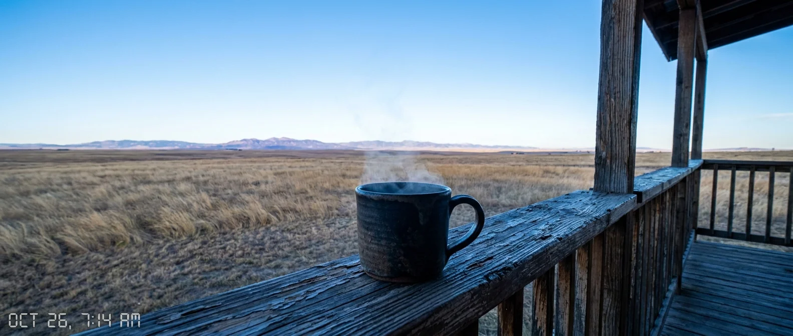 A wide-angle view of a Wyoming prairie from a wooden porch at sunrise, with a coffee mug in the foreground.