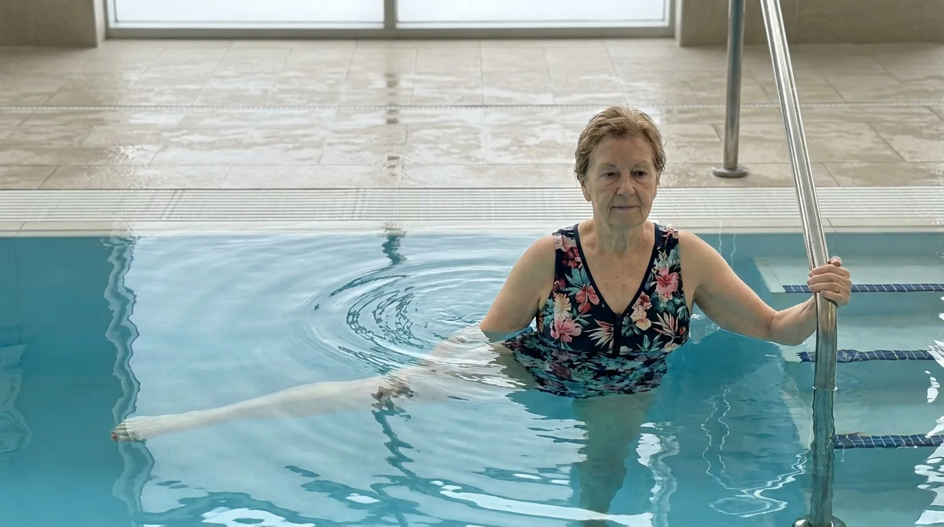 A woman in a pool holding a handrail while performing a side leg lift under the water.