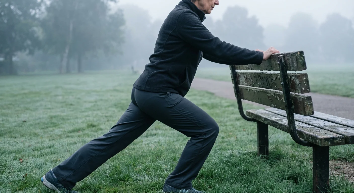 A woman in her 60s performs a calf stretch against a park bench after her walk, emphasizing post-walk recovery.