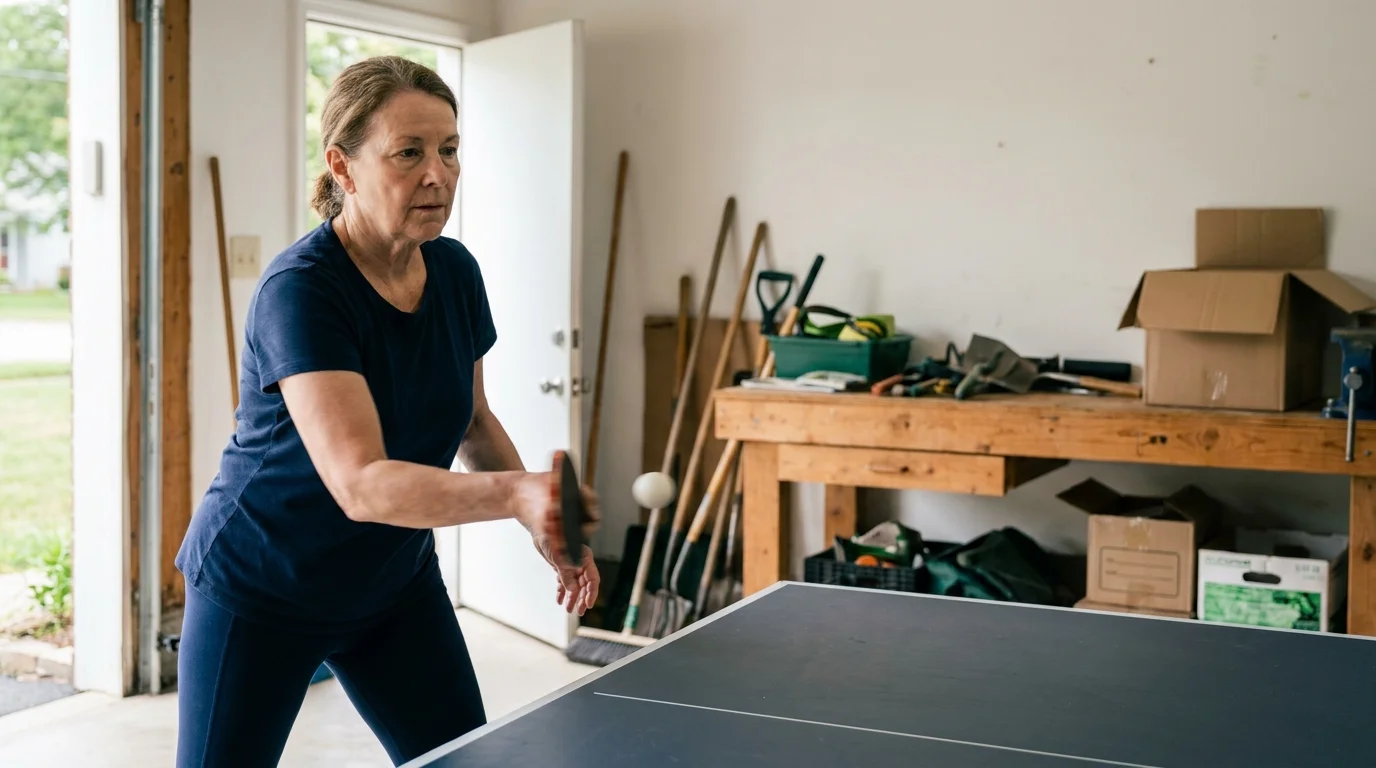 A woman in her 60s playing ping pong in a garage, focused intensely on the ball mid-action.