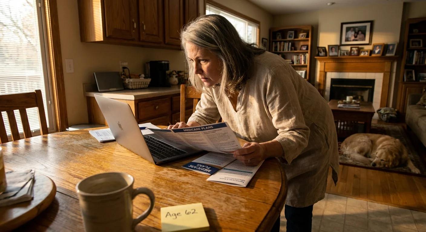 A woman in her early 60s at her kitchen table reviewing health insurance brochures and her laptop in warm afternoon light.