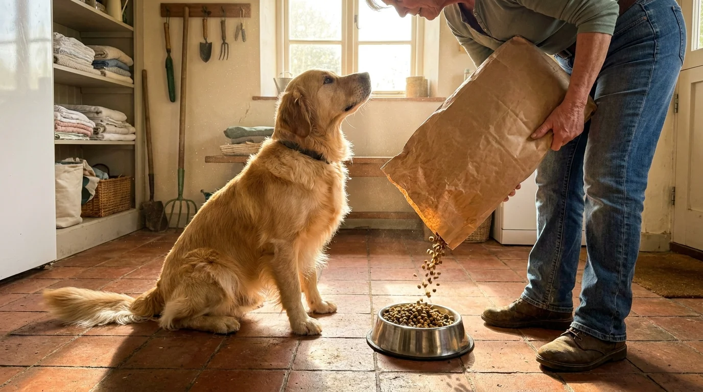 A woman pouring dog food from a large bulk bag into a bowl for a waiting Golden Retriever.