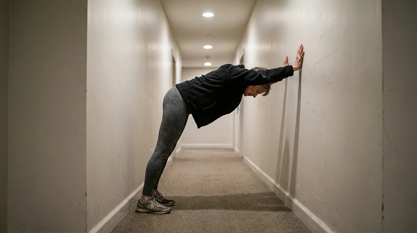 A woman stretching her back by leaning against a wall in a downward-facing dog variation.