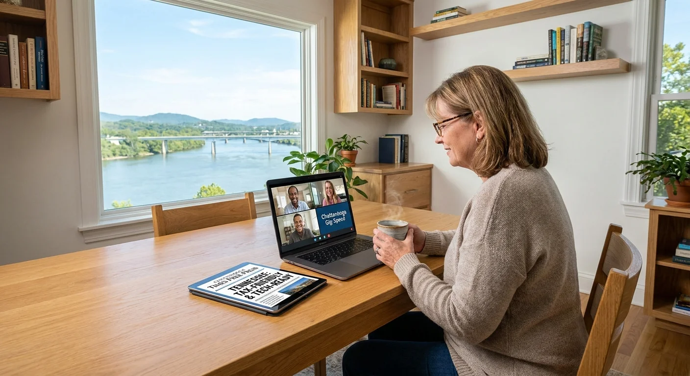 A woman uses high-speed internet in her Chattanooga home with a scenic river view, highlighting the city's tech and tax benefits.