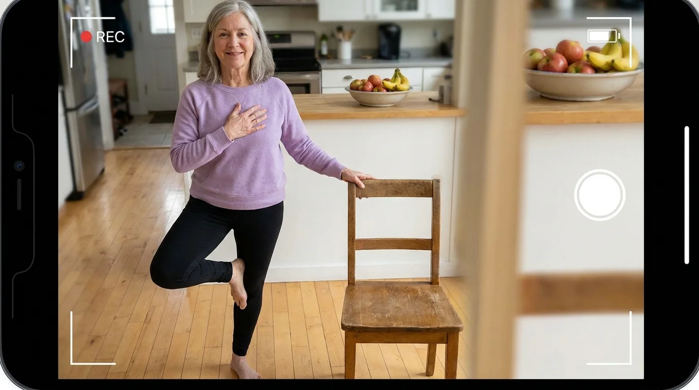 A woman using a kitchen chair for balance while performing the Tree Pose yoga posture.