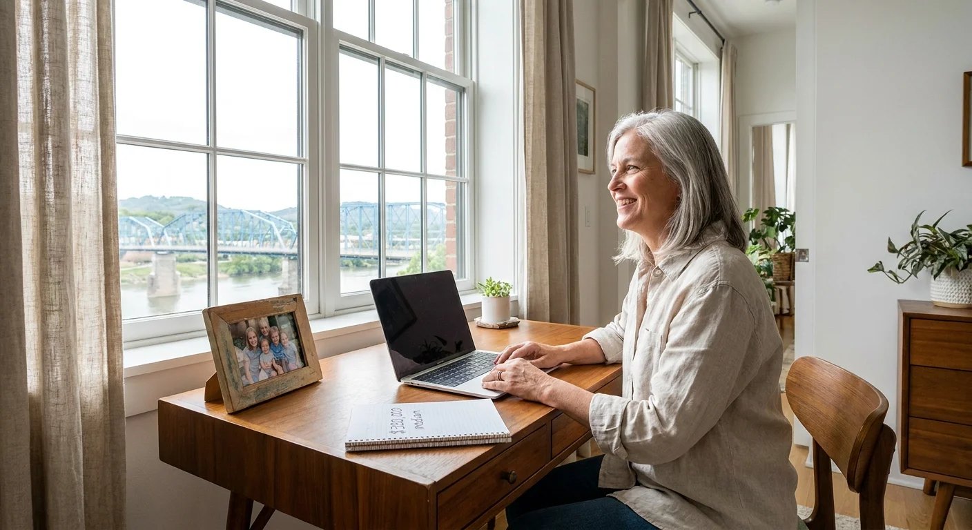 A woman works at a desk in a bright room with a view of the Tennessee River and the Walnut Street Bridge in Chattanooga.