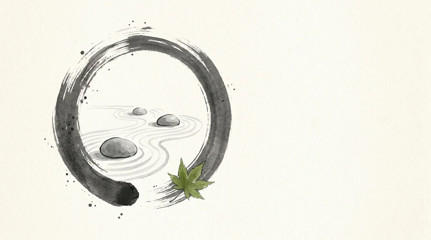 A Zen-style watercolor illustration featuring a calligraphic Enso circle around a minimalist rock garden.