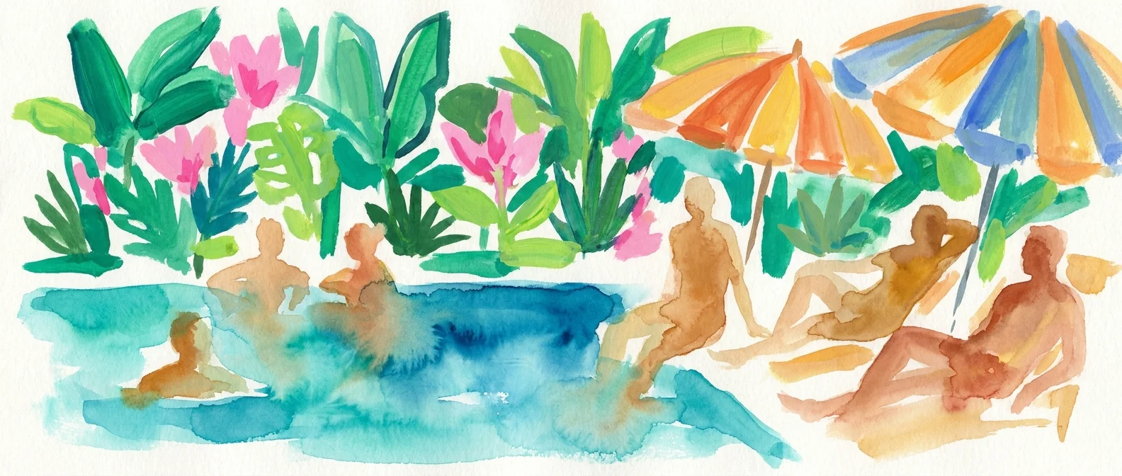 An abstract gouache illustration of figures relaxing in a tropical resort setting with a turquoise pool.