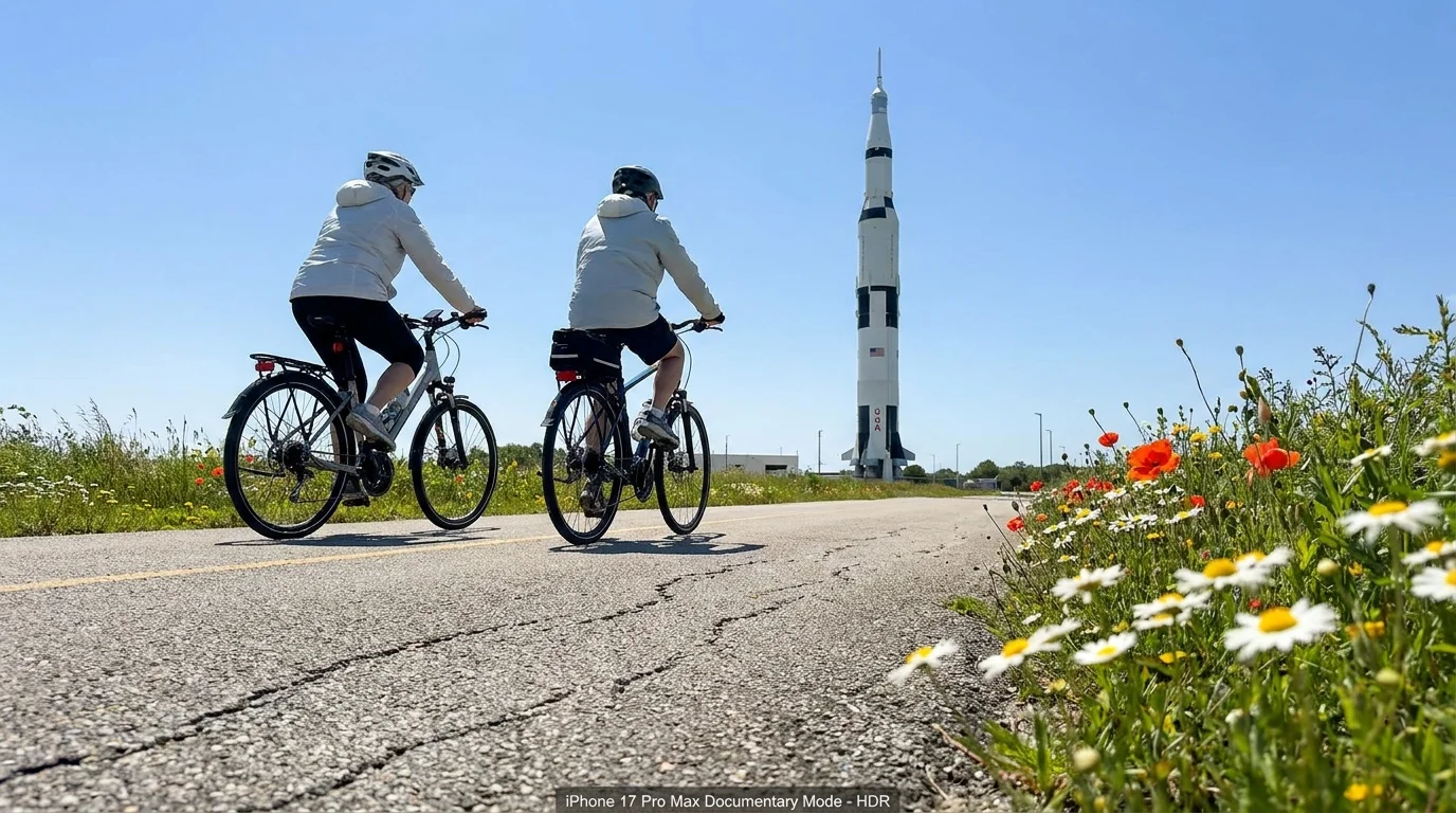 An active couple bikes along a path in Huntsville, Alabama, with the iconic Saturn V rocket in the distant background.