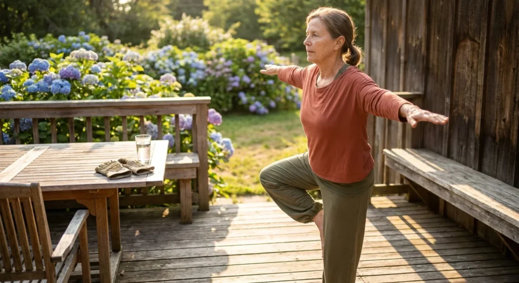An active older woman balances gracefully on one leg on a sunlit wooden patio surrounded by garden greenery.
