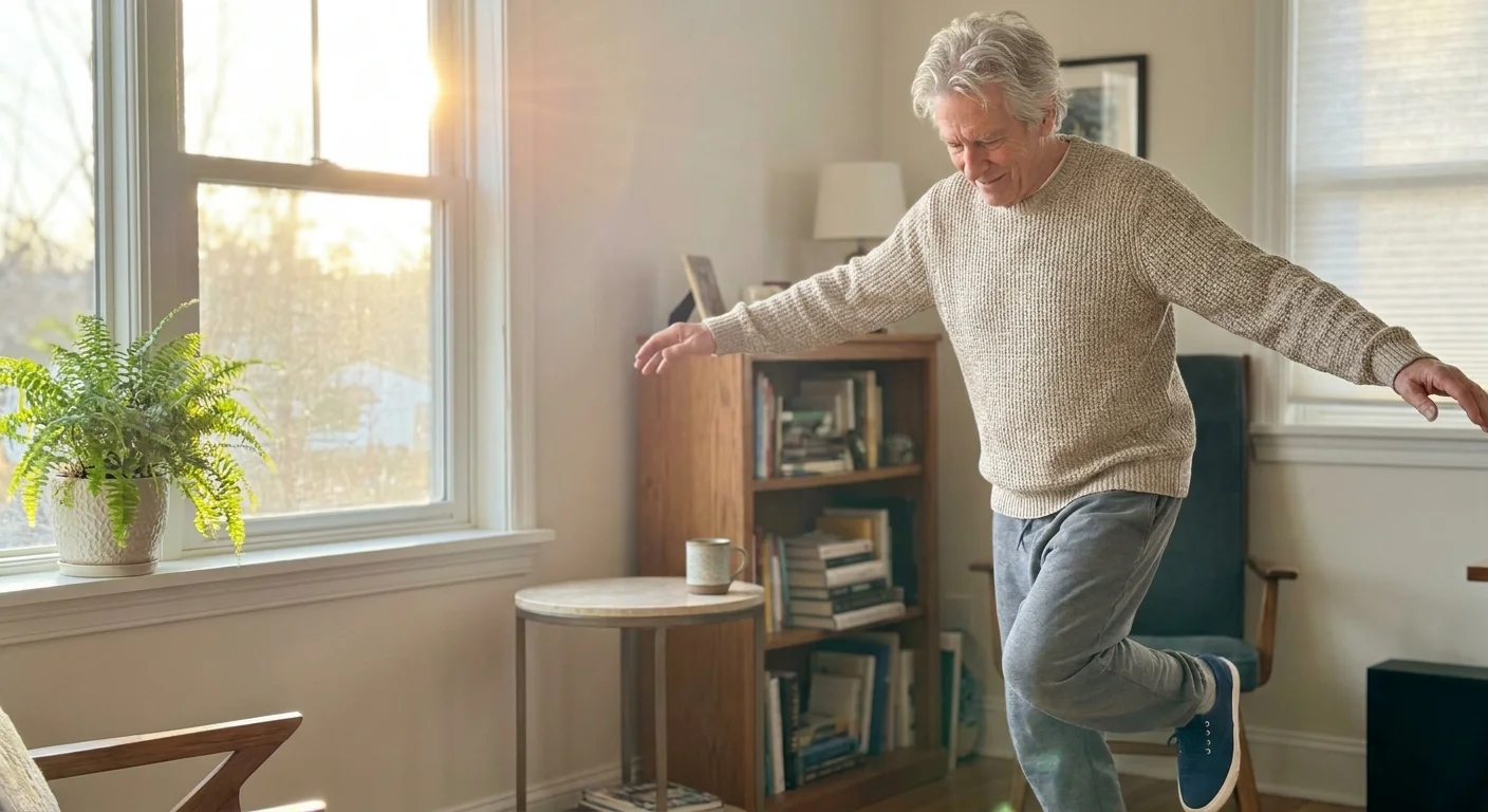 An active senior man practicing a balance exercise in a sunlit living room, demonstrating physical coordination and health.