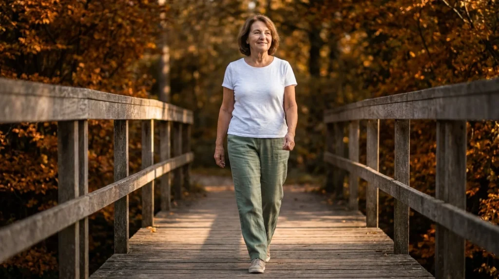 An active senior woman walks across a wooden bridge in a park during sunset, representing physical independence and mobility.