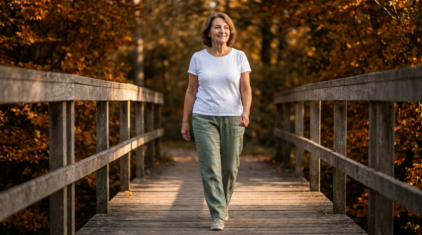 An active senior woman walks across a wooden bridge in a park during sunset, representing physical independence and mobility.