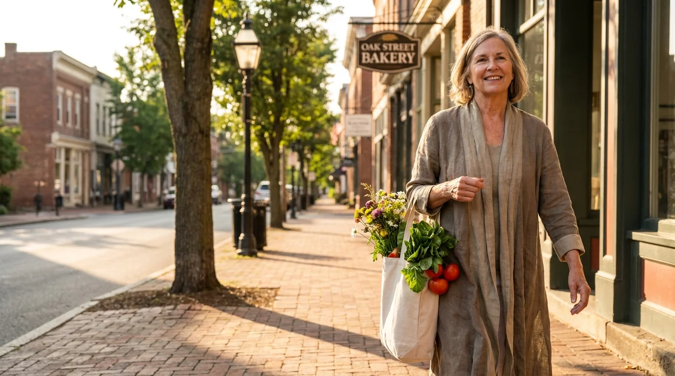 An active senior woman walks down a sunlit, brick-lined downtown sidewalk with a grocery bag, illustrating a walkable retirement lifestyle.