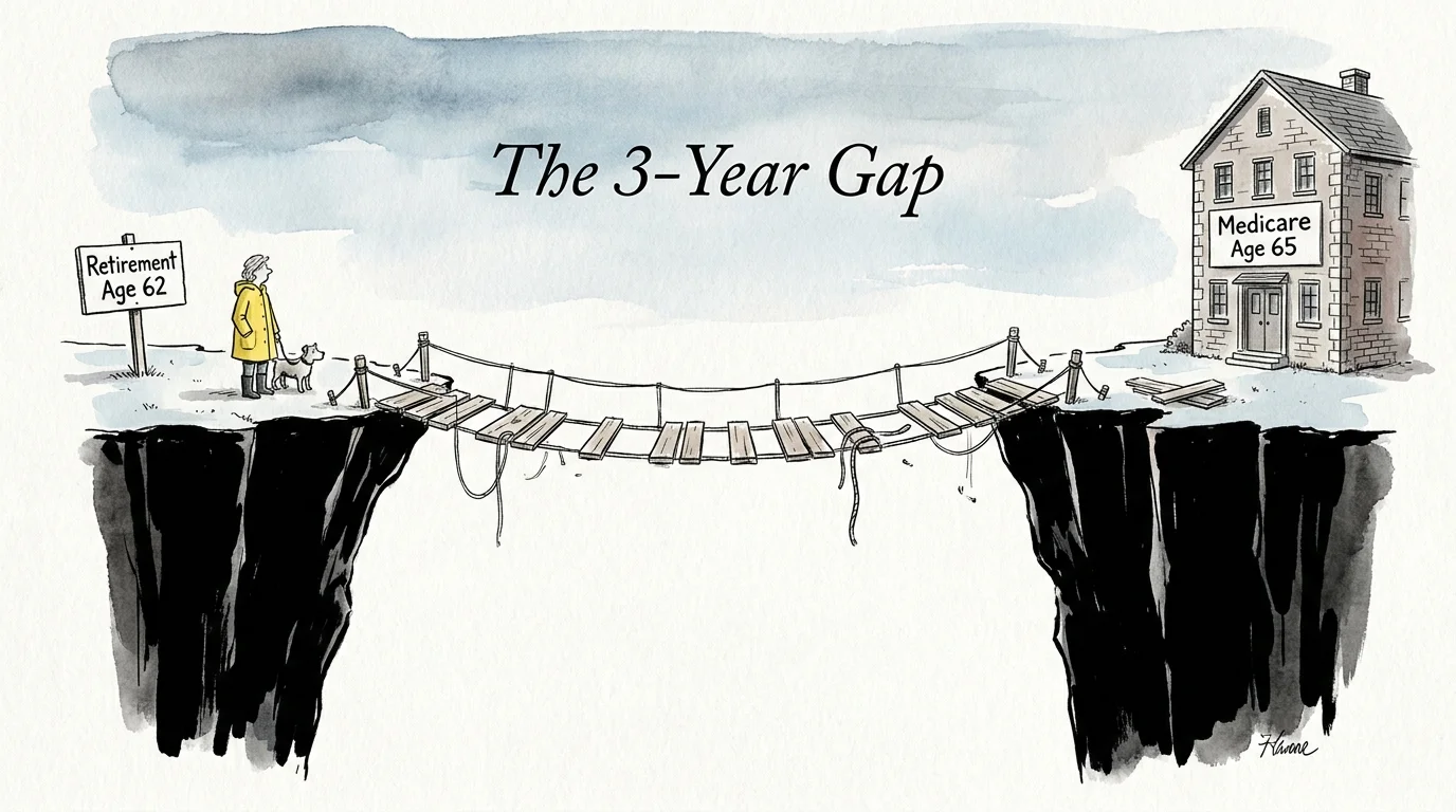 An editorial illustration of a person standing at the edge of a canyon labeled Age 62, looking across at Medicare at Age 65.